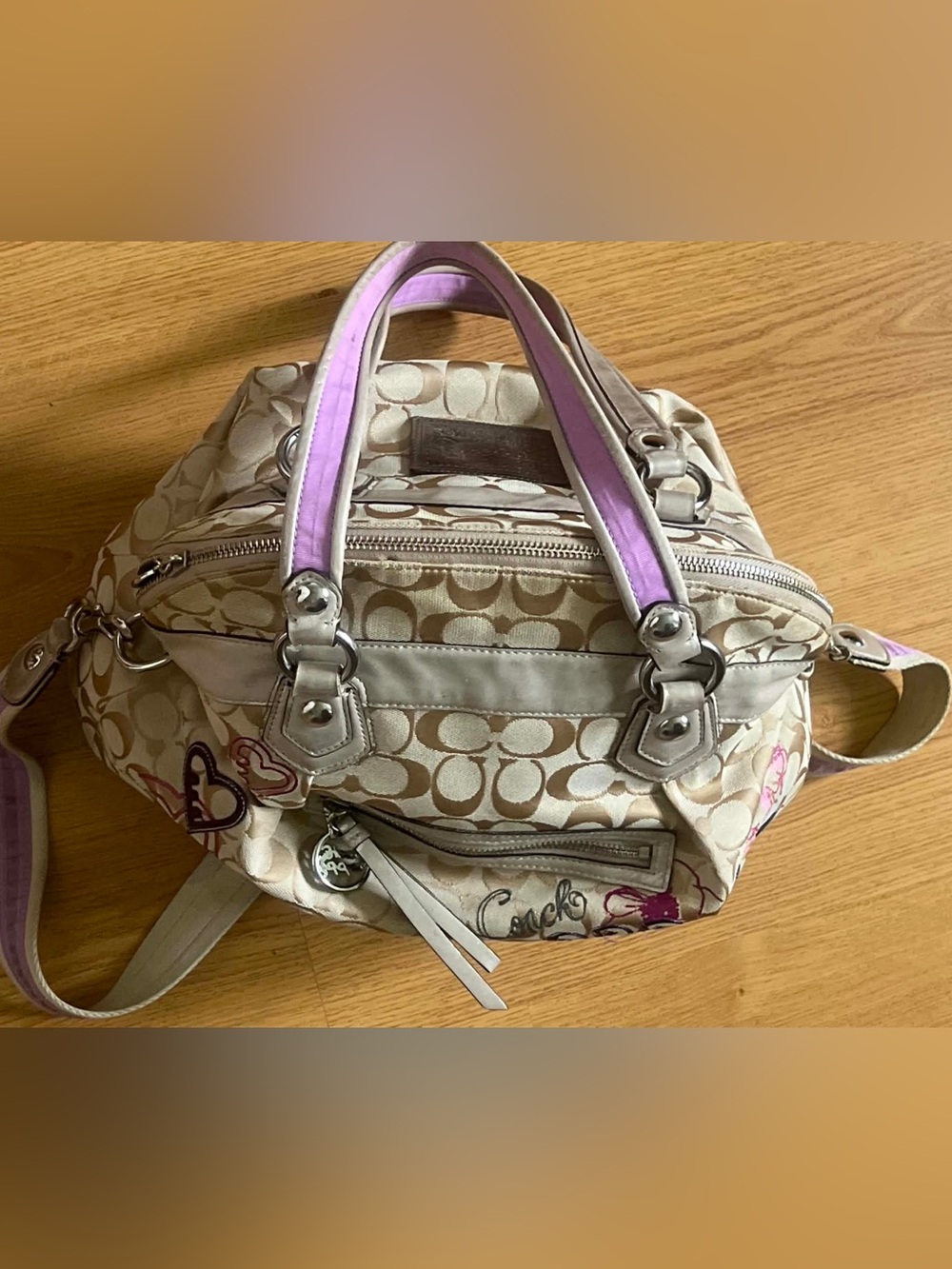 Coach Beige Signature Canvas Hobo with Pink and Purple Floral Accents - Picture 9 of 14